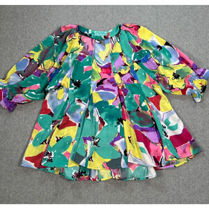 J Jordan Emerald Floral Pleated Blouse Women's Small Tunic Balloon Sleeve V-Neck